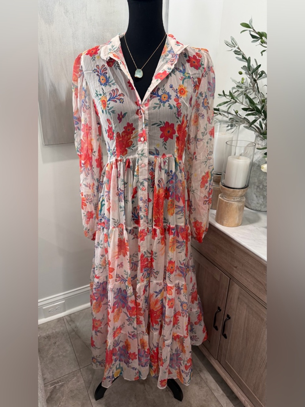 Floral Tiered Maxi Dress - White with Red & Purple Floral Print